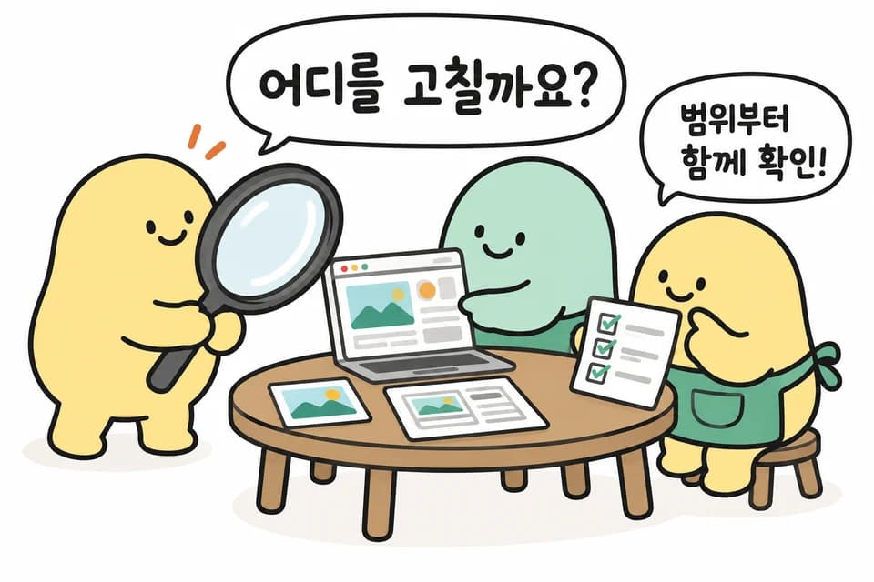 수정 요청 사전 검토. 대사: 어디를 고칠까요? 범위부터 함께 확인!