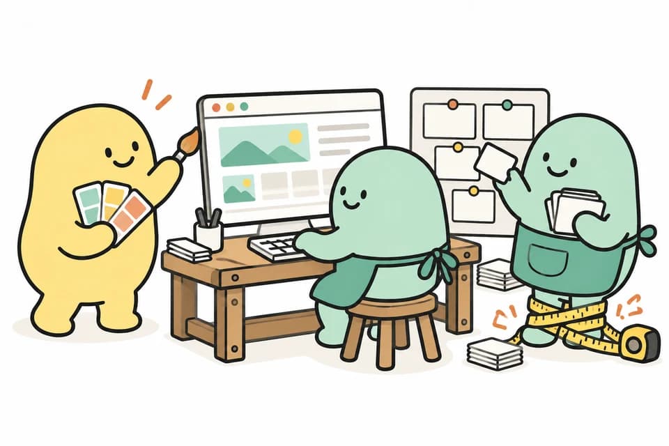 개발·디자인·요구사항 정리 역할의 캐릭터들이 함께 맞춤 구성을 만드는 장면