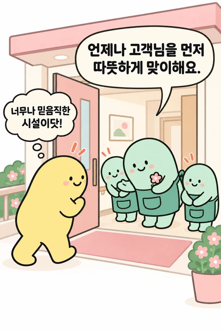 분홍빛 요양원 문앞에서 시설장과 직원들이 손님을 반기고, 노랑 손님이 고마운 표정으로 인사하며 들어가는 장면. 환영 대사: 언제나 고객님을 먼저 따뜻하게 맞이해요. 손님의 생각: 너무나 믿음직한 시설이닷!
