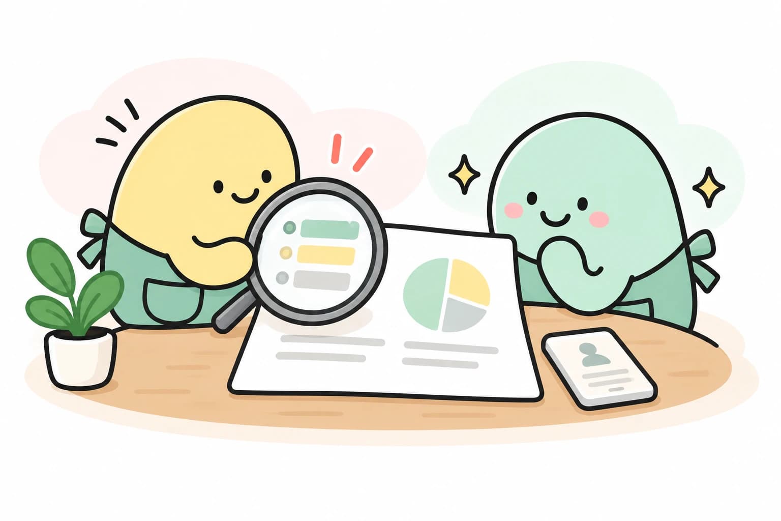 노랑·민트 캐릭터가 돋보기로 방문 기록을 뜻하는 그래프를 함께 살펴보는 컨셉트 이미지